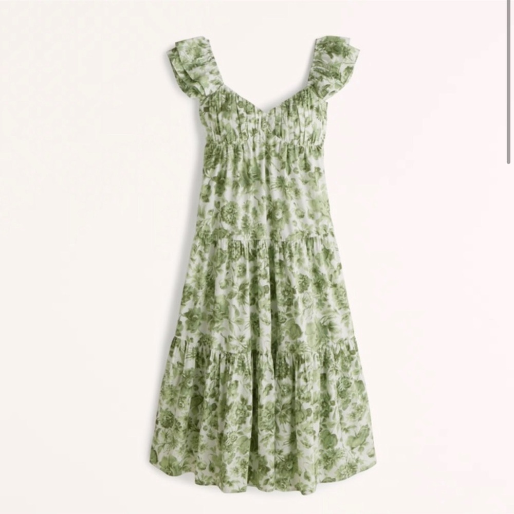 Abercrombie & Fitch Ruffle Sleeve Poplin Midaxi Dress Green Floral